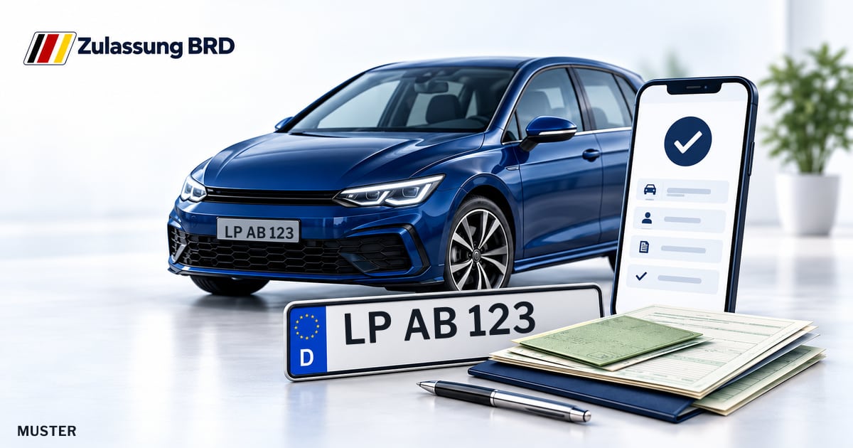 Online Fahrzeugzulassung in Werl: Musterkennzeichen LP AB 123, Auto und Fahrzeugpapiere und Smartphone. Illustration mit Logo von Zulassung BRD.
